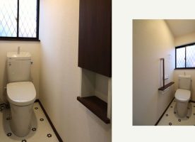 After:トイレはLIXIL アメージュを採用されました。地球環境に配慮した節水効果の高く、フチなしのためお掃除しやすいところが特徴です。
モザイクタイル調のフロアがポイントに