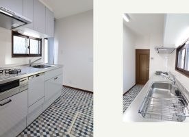 After:システムキッチンはLIXIL シエラＳ。シルバーグレーの扉カラーとステンレスシンクに、鮮やかなブルーが美しいコラベルモザイク柄の床がアクセントに。